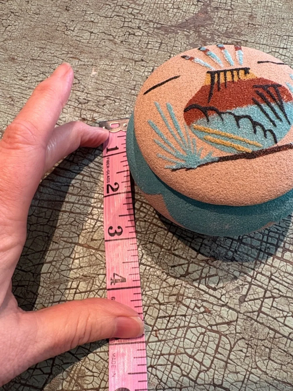 Southwestern Sand Painted Trinket Box Lidded Pottery Desert Scene